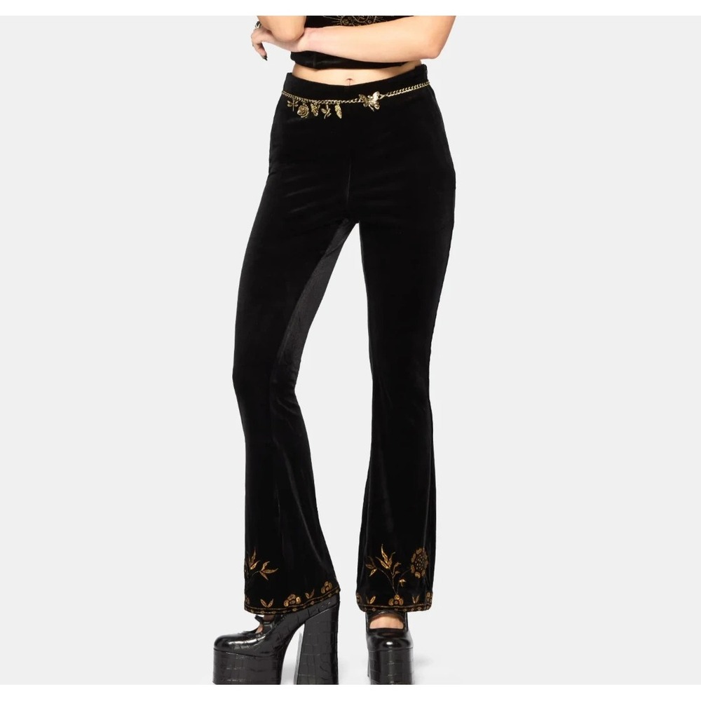 NWT Disturbia Kobra Velour Embroidered Flare Trousers Pants Size 16 Goth